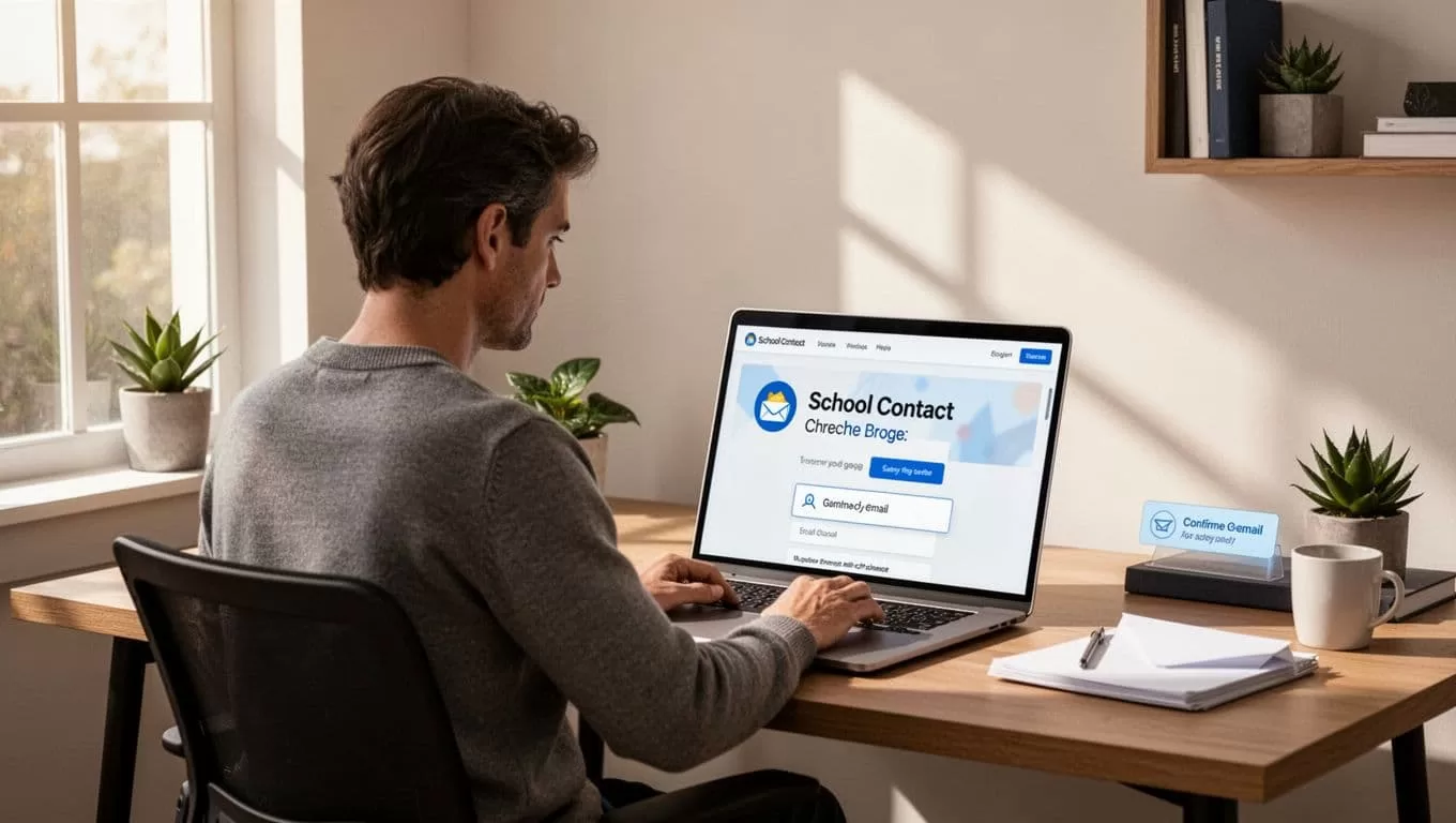 Modern illustration of a person in a home office verifying an email by checking the school website contact page on a laptop screen showing domain search and email confirmation, with clean shapes, controlled colors, strong composition, and natural daylight lighting.