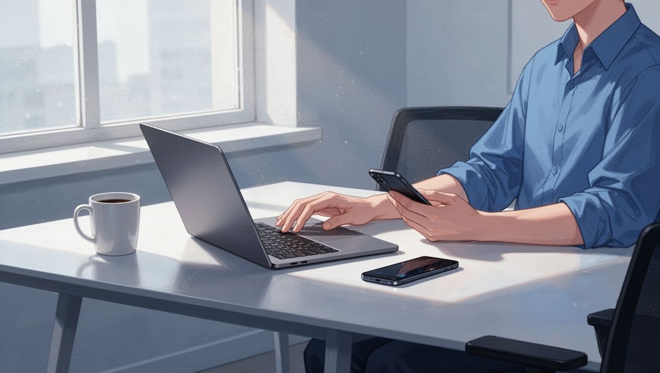 Modern illustration of a person at a desk checking transfer status on a laptop and phone app screen, with relaxed hands, coffee mug nearby, and natural window light, in blues and whites.