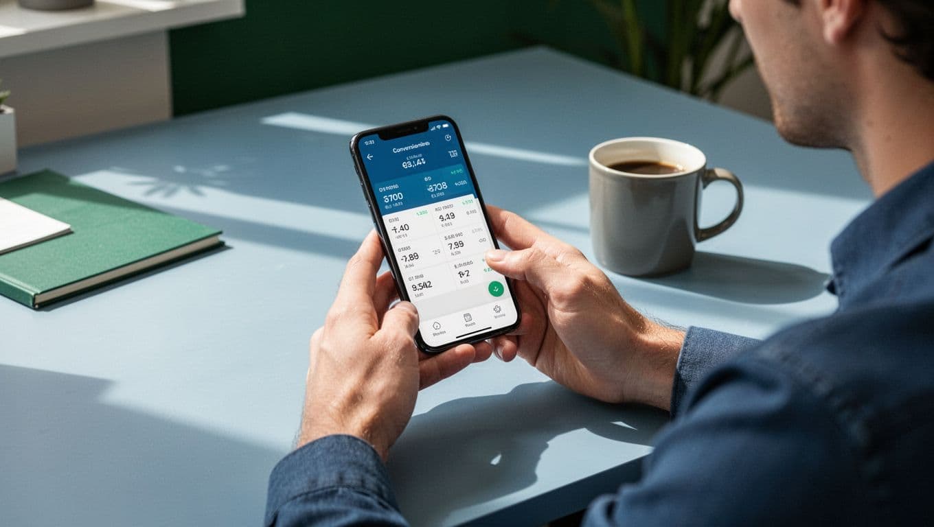 Person holds smartphone displaying USD to INR currency converter on clean desk with coffee mug.