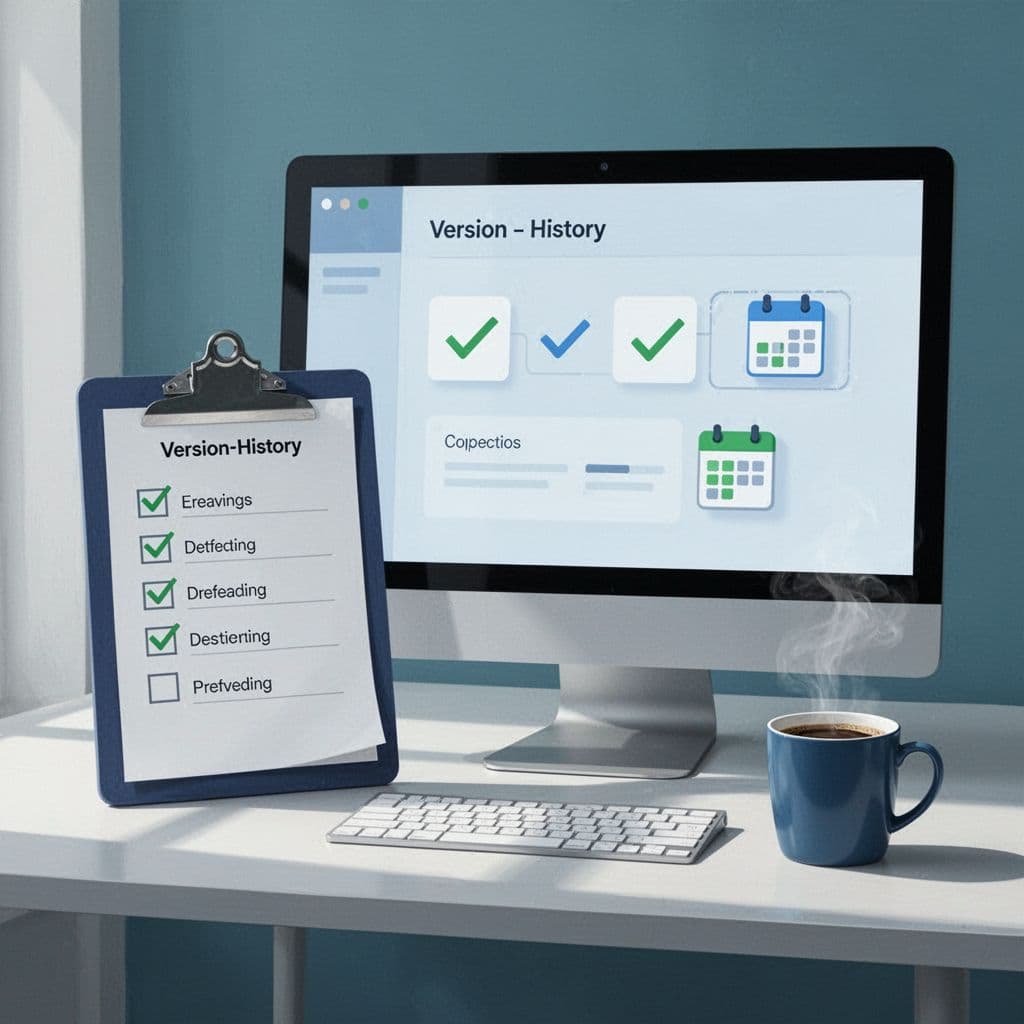 Modern illustration of a checklist on a clipboard next to a computer screen displaying document version history, featuring checkmarks and calendar icons in a clean desk setting with coffee mug, using blue and green palette.