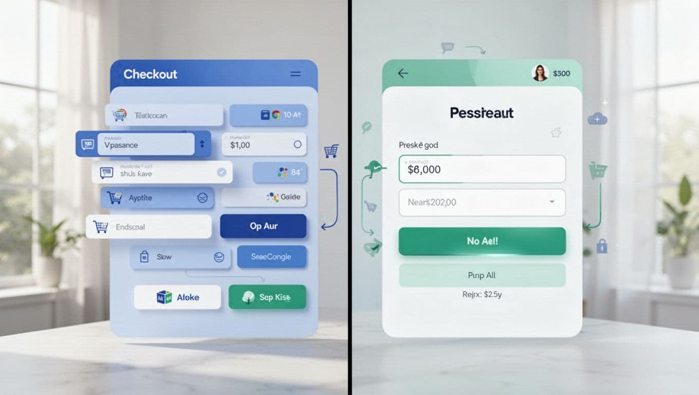 Modern illustration depicting a website checkout page transforming from high-friction cluttered form to smooth personalized flow, split composition focusing on e-commerce product cart elements with clean shapes and blues-greens-whites palette.
