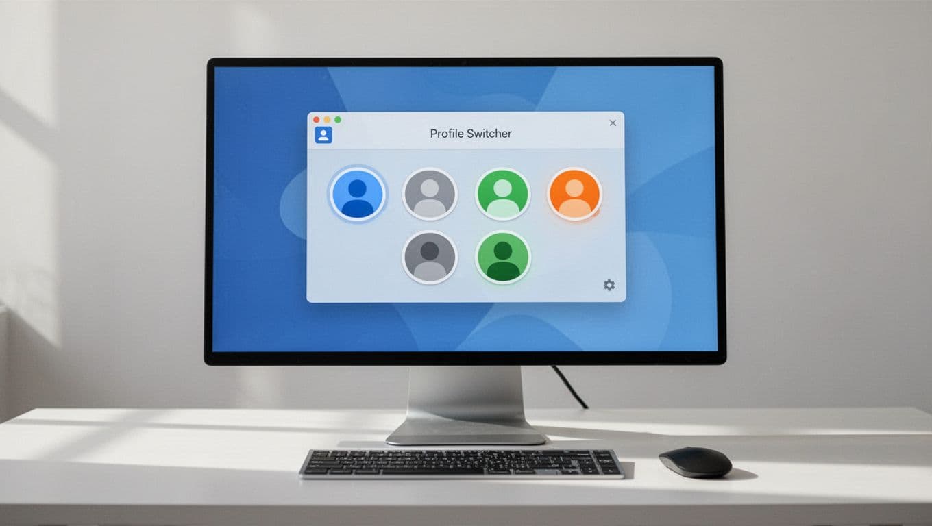 Modern illustration of Chrome profile switcher window open on a computer screen showing four colorful profile avatars, set on a desk with monitor, keyboard, and mouse in blues, grays, green, and orange tones.