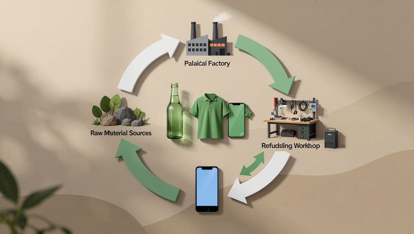 Modern illustration of a circular economy cycle in clean shapes and earth tones, featuring arrows looping from raw materials to factory products (bottle, clothing, phone), usage, refurbishing, and reuse in a strong circular composition with soft natural lighting.