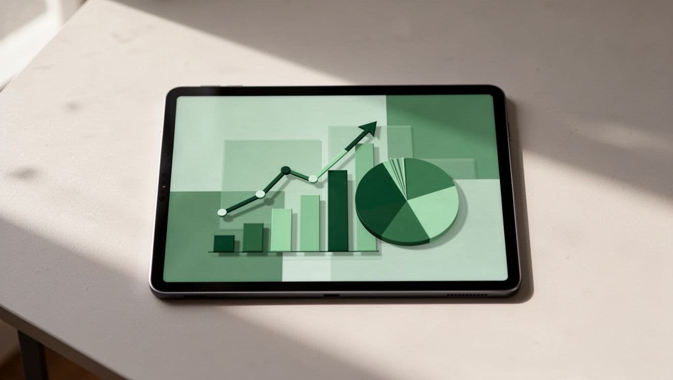 Modern illustration of data validation charts on a tablet screen: rising search volume line graph, bar chart of social mentions, pie for market share, in controlled green tones with clean shapes and simple desk background.