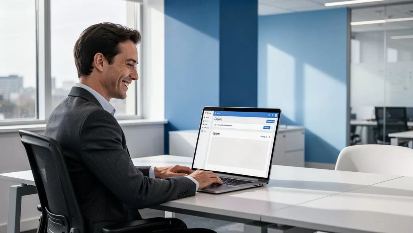 Modern illustration of a happy user checking a clean email inbox on a laptop screen in a bright office, no spam folder visible.