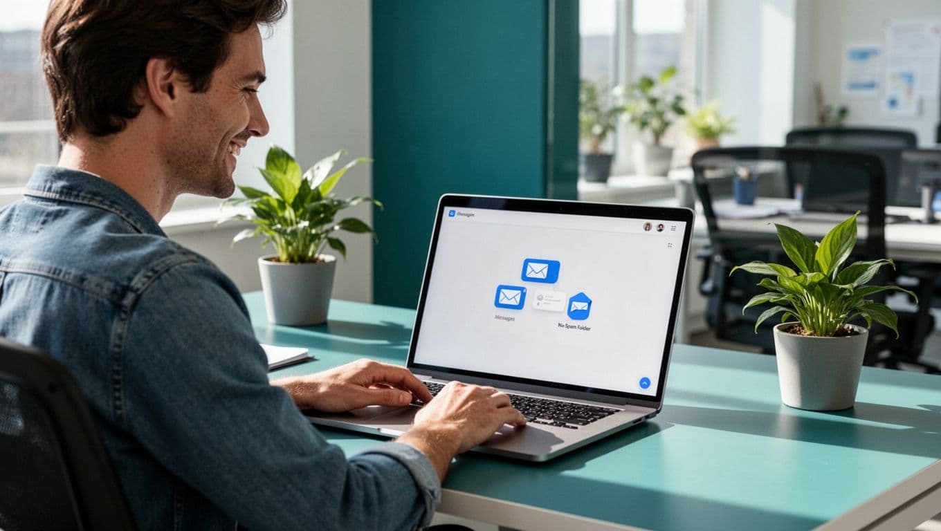 Modern illustration of a clean email inbox with few emails and no spam, showing positive deliverability in a bright office workspace with a happy professional reviewing on a laptop.