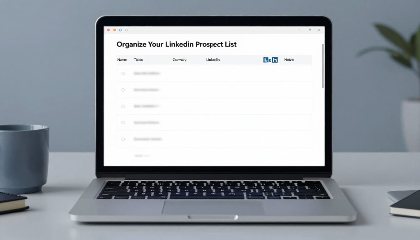 Modern illustration close-up of laptop screen showing blurred prospect list spreadsheet table with columns Name, Title, Company, LinkedIn URL, Notes, on tidy desk with notebook and coffee mug, soft light.
