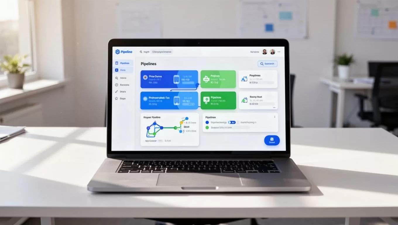 Laptop on bright office desk shows organized CRM dashboard with colorful pipelines and candidate cards.