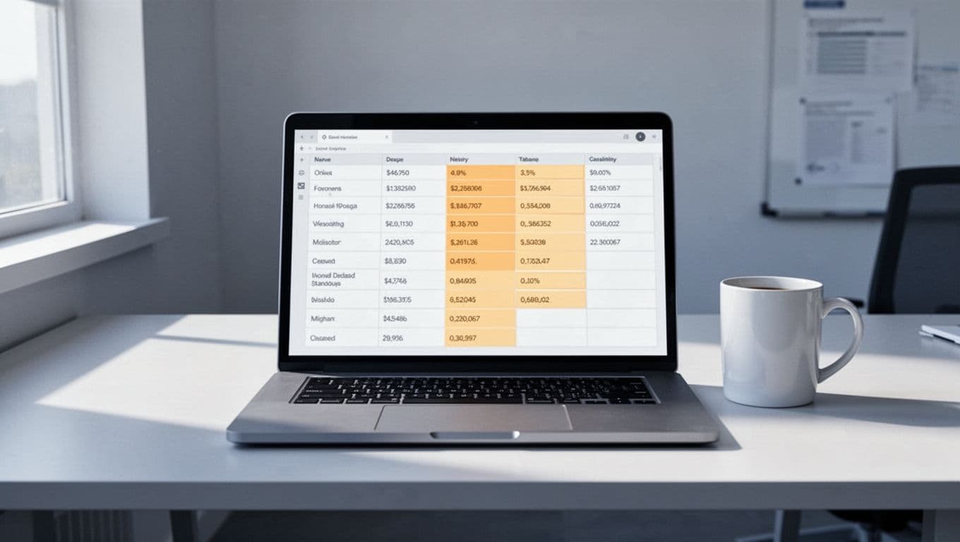 Clean spreadsheet interface on a laptop screen with highlighted data columns after removing duplicates and standardizing formats, in an office setting with a coffee mug. Modern illustration style with clean shapes and blues-grays palette.