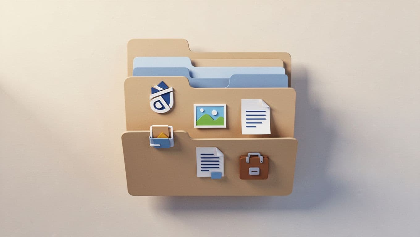 Modern illustration of a hierarchical Google Drive folder structure for client asset intake system, featuring top-level folder 'Client Assets Intake' with subfolders Logos, Photos, Brand Copy, Documents, and Archive.
