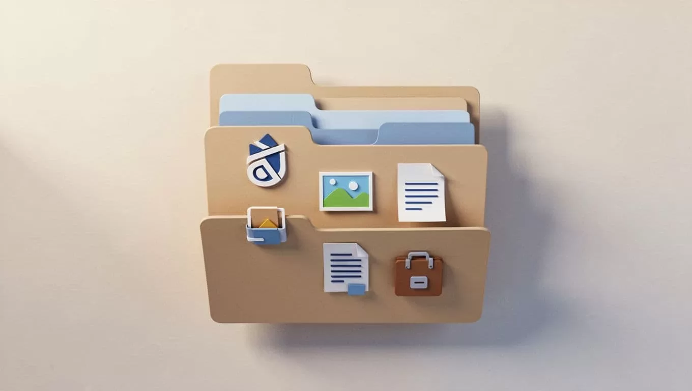 Modern illustration of a hierarchical Google Drive folder structure for client asset intake system, featuring top-level folder 'Client Assets Intake' with subfolders Logos, Photos, Brand Copy, Documents, and Archive.
