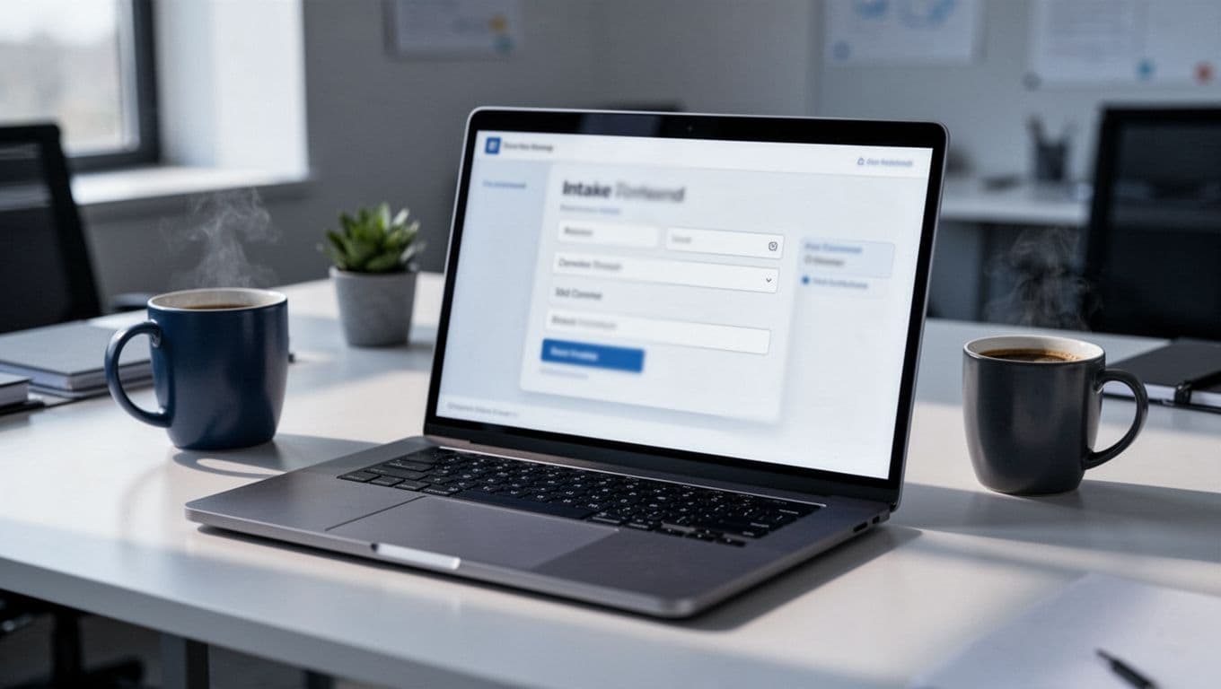 Modern illustration featuring a laptop screen displaying a Google Form for client asset intake with fields for name, email, logo and photo uploads, and asset descriptions. Office desk with coffee mug, angled view, subtle screen blur, no people or readable text.