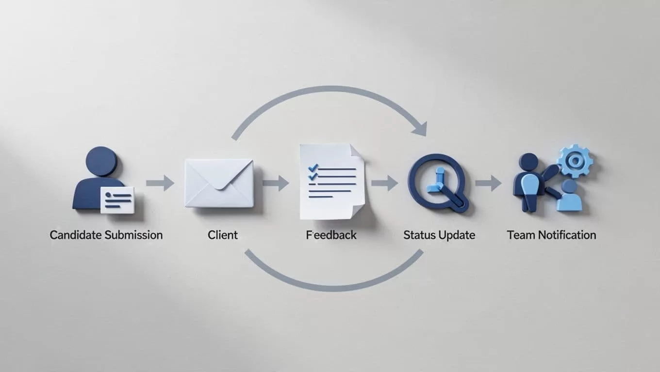 Flowchart depicts recruiting feedback loop with icons for candidate submission, client email, feedback logging, status update, and team notification on light background.