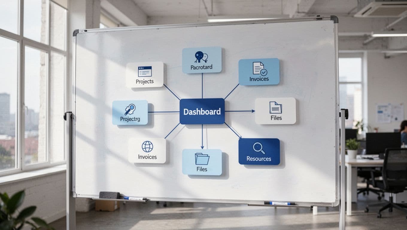 Modern illustration depicting the hierarchical structure of a client portal as a simple tree diagram on a whiteboard in a bright office, using clean shapes and a blues-and-whites color palette.