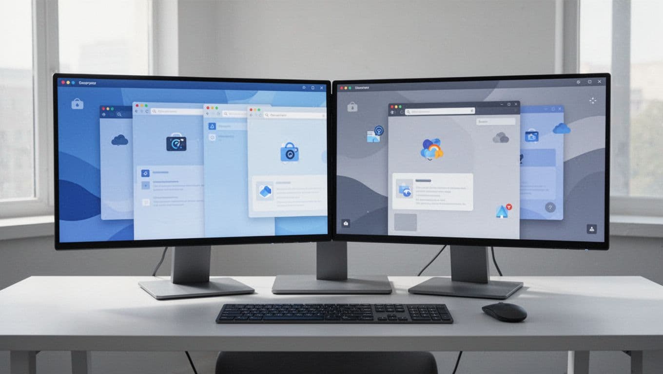 Modern illustration of multiple customized Chrome browser windows open side by side on dual monitors, each with unique color themes and client icons like briefcase or folder, on a clean desk with keyboards.