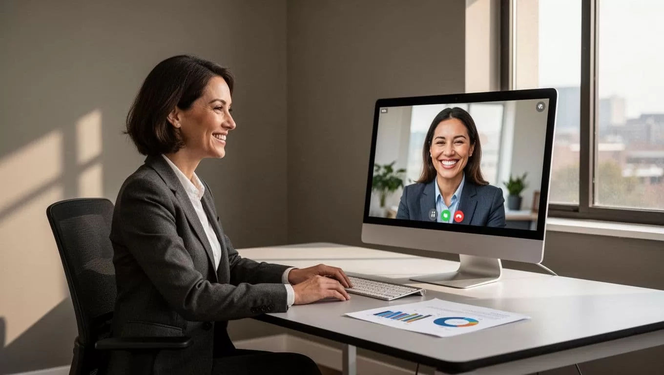 Recruiter at desk with success charts smiles at smiling client on video call screen in office.