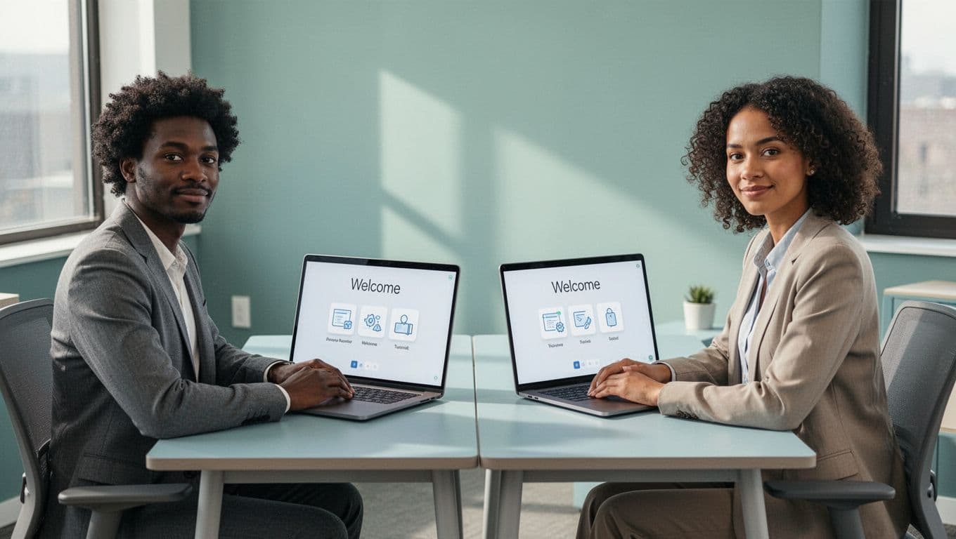 Illustration of two diverse business people at desks with laptops open to welcome screens and tutorial icons in a shared office setting, showing a welcoming client self-service onboarding experience.