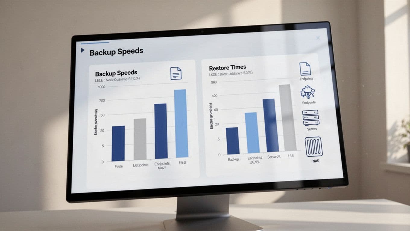 Modern illustration in same style: side-by-side comparison charts on a digital screen showing backup speeds and restore times for different tools, simple icons for files endpoints servers NAS, clean shapes controlled colors strong composition, no people no detailed text no logos no watermarks, screen slightly angled.