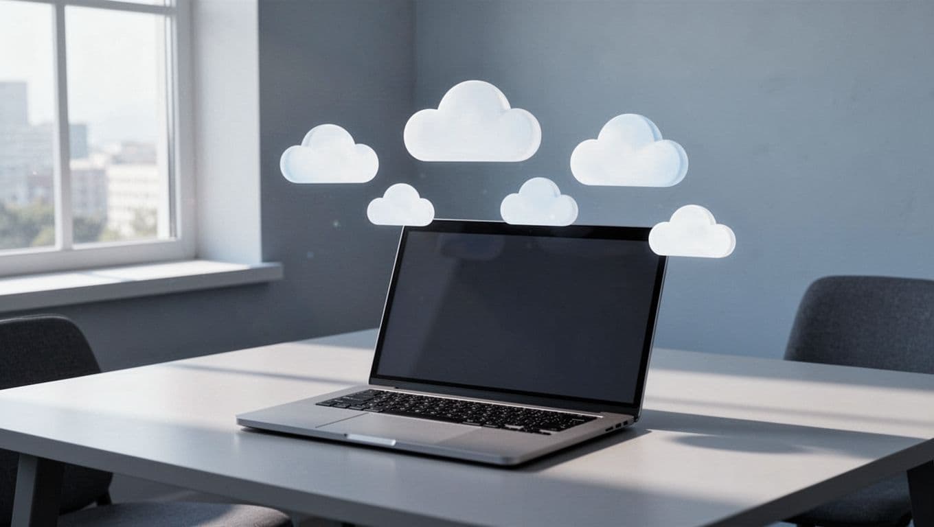 Modern illustration of five diverse cloud storage icons floating above a laptop keyboard in a minimalist office desk setup with soft natural light, blues and grays palette, clean shapes, and strong composition. No text, people, or extra objects.
