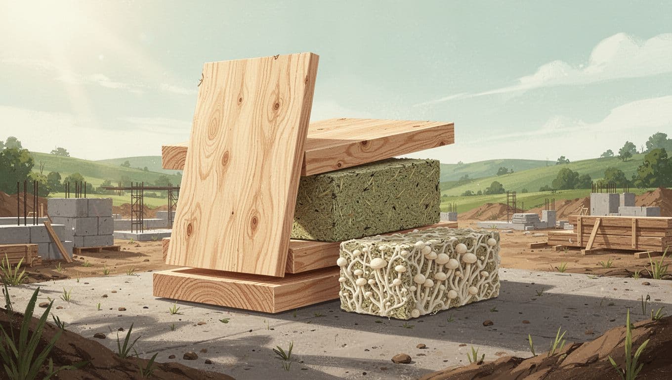 Modern illustration of stacked cross-laminated timber panels, hempcrete blocks, and mycelium-grown bricks at a sunny construction site, using clean shapes, earth tones, and green accents.