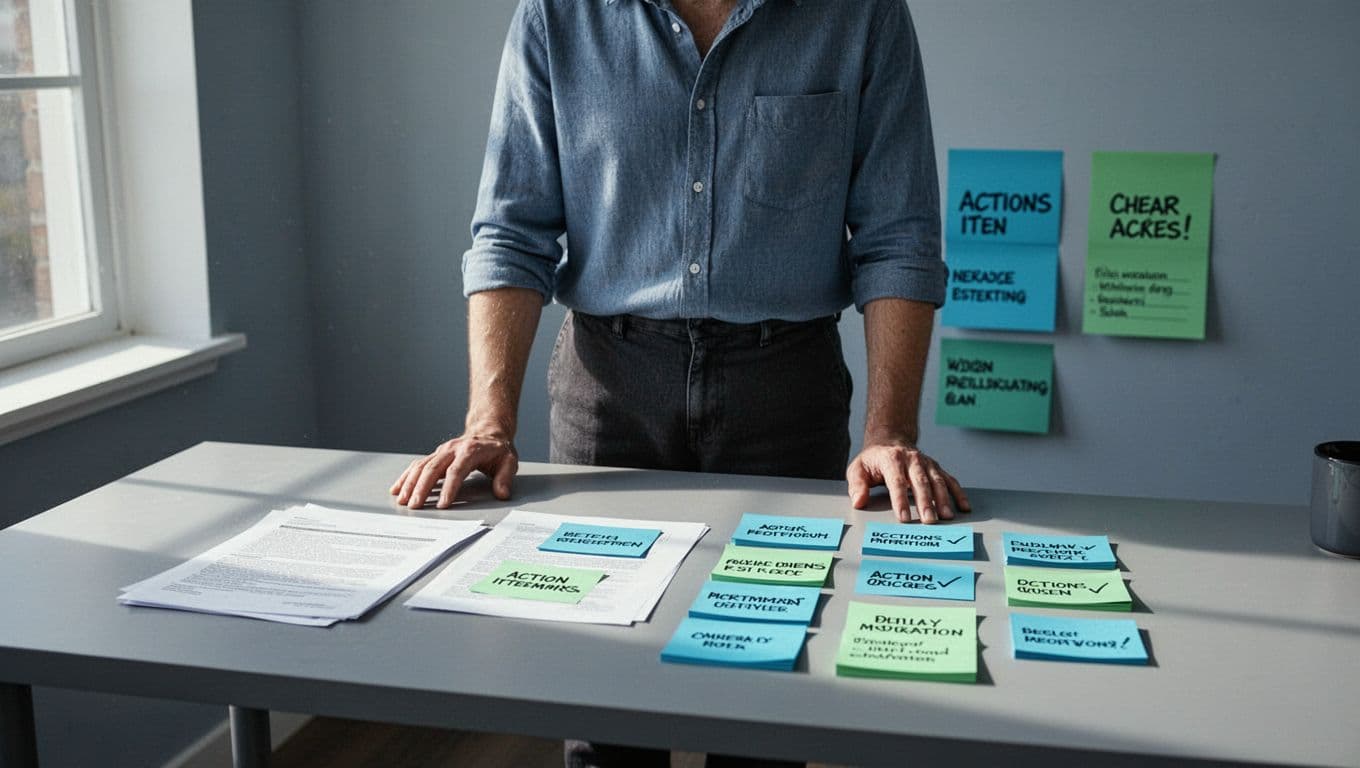 Modern illustration of a cluttered desk with laptop showing messy meeting transcript, transitioning to organized sticky notes with action items, one person reviewing in background; blue-green palette, clean shapes.