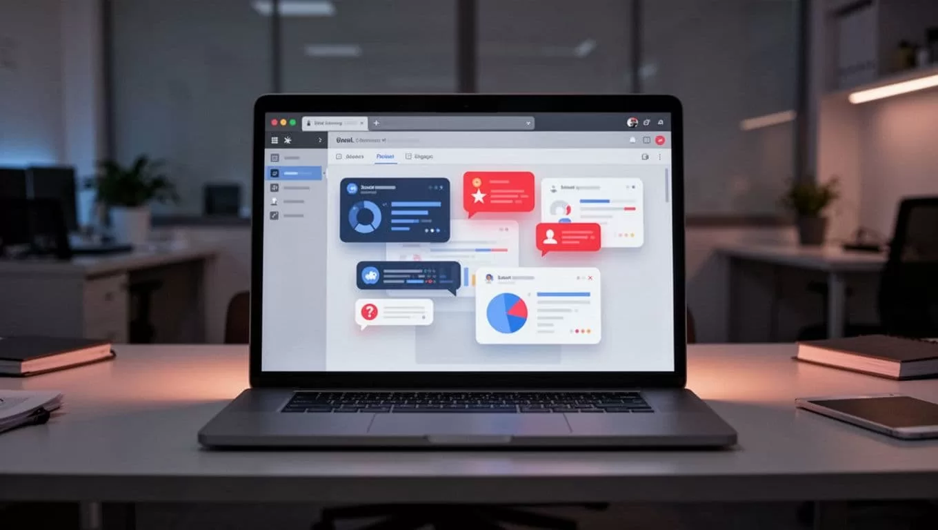 Laptop screen shows cluttered recruiting software dashboard with overlapping data cards, tabs, and notifications on dim office desk.