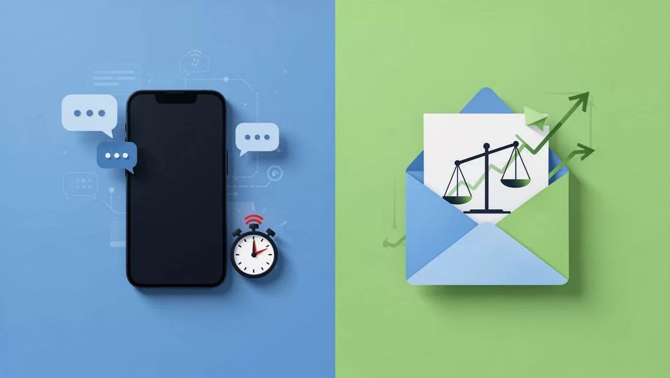 Modern illustration in clean shapes and strong composition comparing cold calling (left: phone icon with conversation bubbles and urgency clock in soft blue tones) and cold emailing (right: email envelope with scale graph and tracking arrows) on a neutral background.