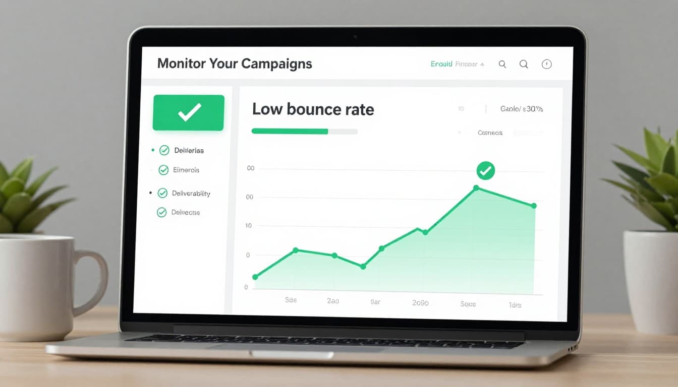 Modern illustration of an email dashboard with low bounce rate metrics, green checkmarks on deliverability stats, upward trending graphs, laptop on desk with coffee mug, focused on angled screen, no text or people.