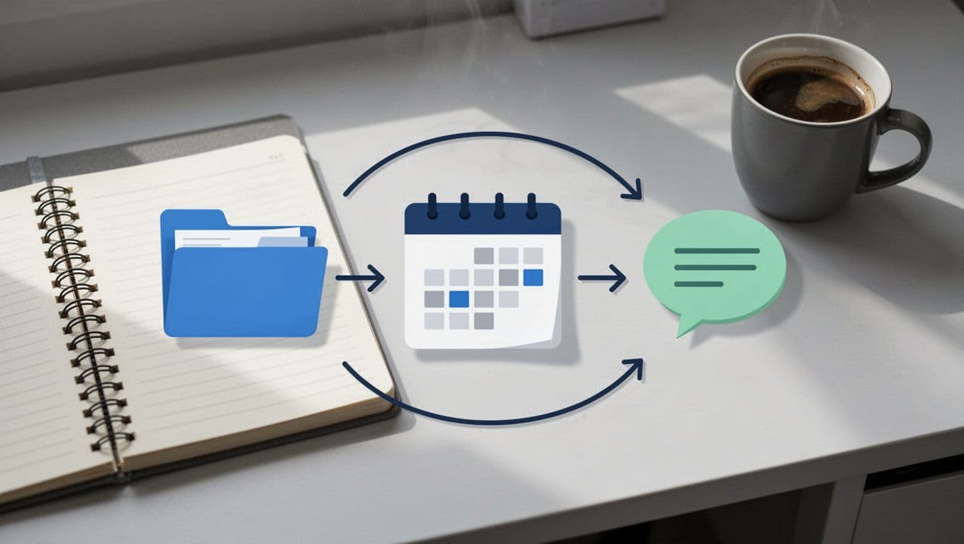 Modern step-by-step flowchart illustrating the workflow for handling cold email out-of-office replies: categorize, check return date, send follow-up or nurture. Features simple icons connected by arrows on a clean desk with notebook and coffee mug.