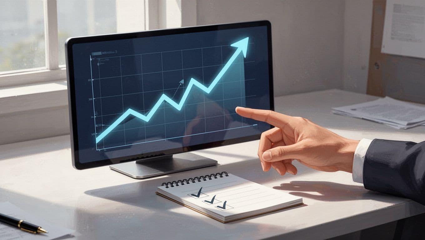 Modern illustration of a simple upward trend chart on a digital screen displaying growth in cold plunge tub and AI air fryer consumer trends, next to a notepad with checkmarks for evaluation criteria on a desk with natural light and one relaxed pointing hand.