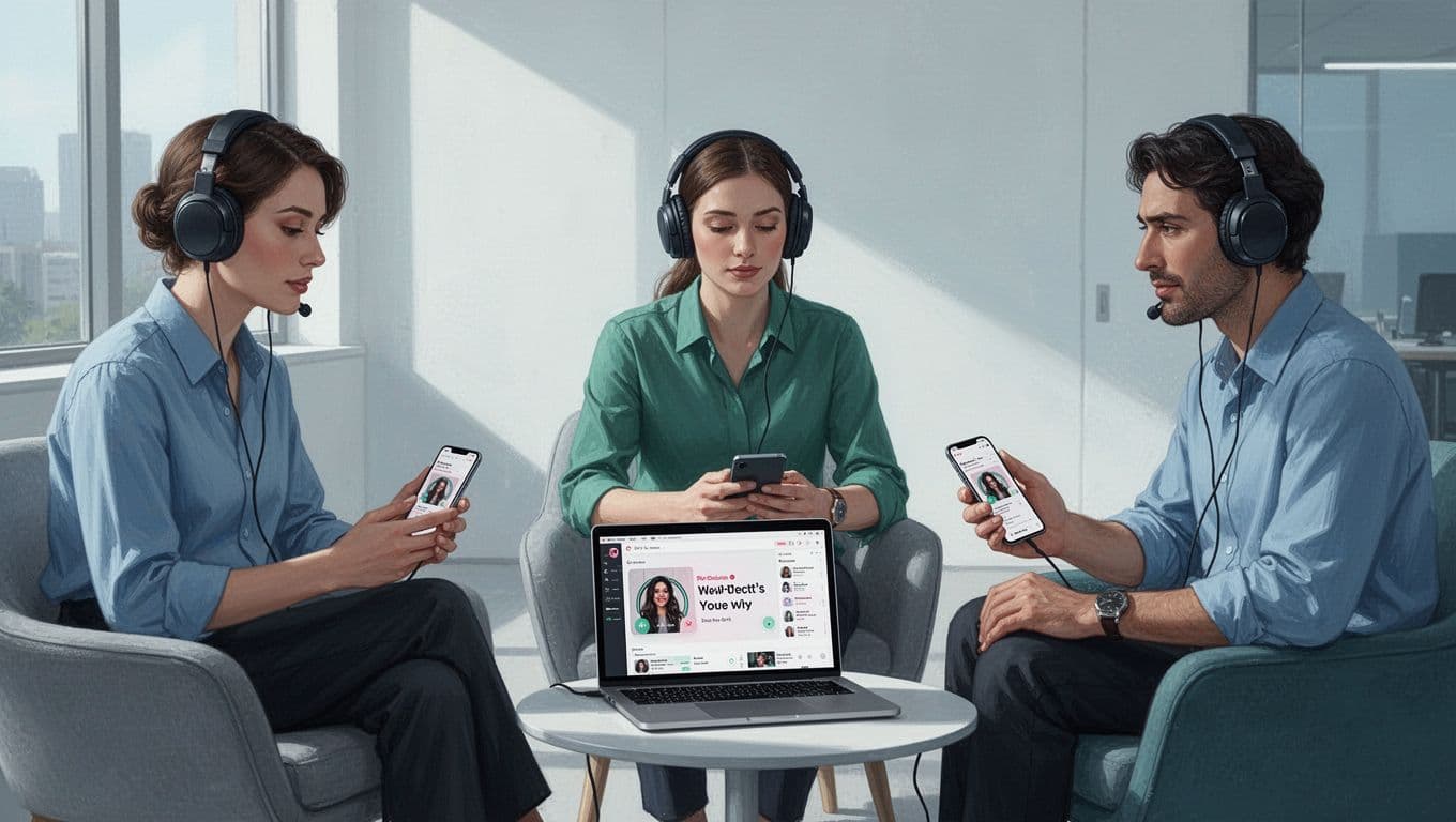 Three colleagues in bright office listen to podcast via headphones connected to laptop and phones.
