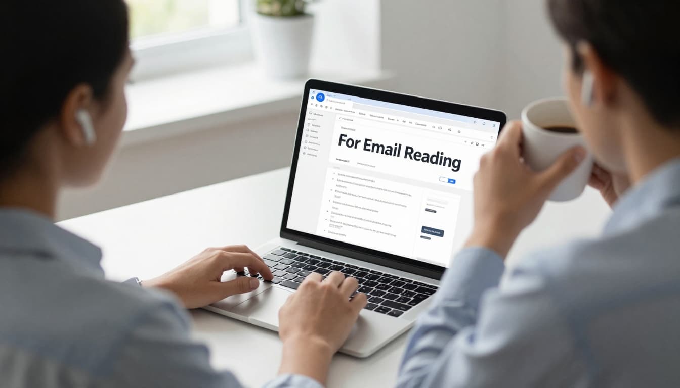 Professional at a modern desk with laptop open to an email inbox, wearing wireless earbuds, sipping coffee from a mug, in a relaxed posture with natural light, in a clean blue and gray illustration style.