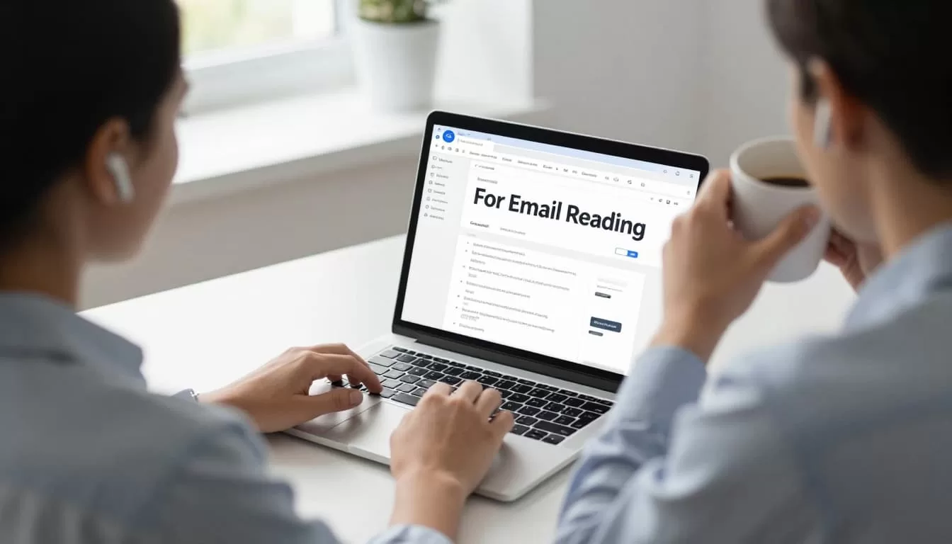 Professional at a modern desk with laptop open to an email inbox, wearing wireless earbuds, sipping coffee from a mug, in a relaxed posture with natural light, in a clean blue and gray illustration style.