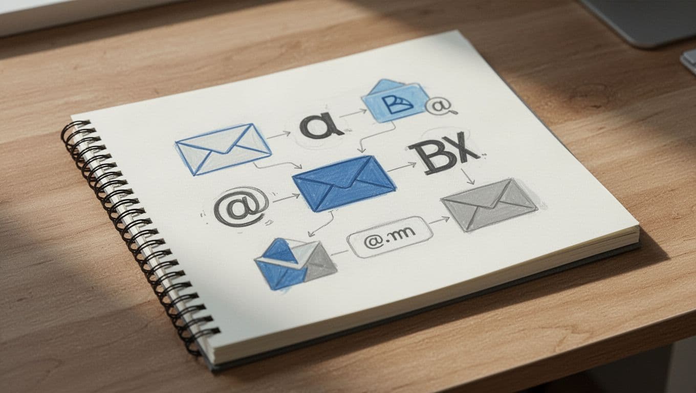 Modern illustration of a close-up notepad on a wooden desk with simple icons depicting typical email formats like envelope shapes linked to initials and domains, in a clean blues-grays-whites palette with soft natural light.