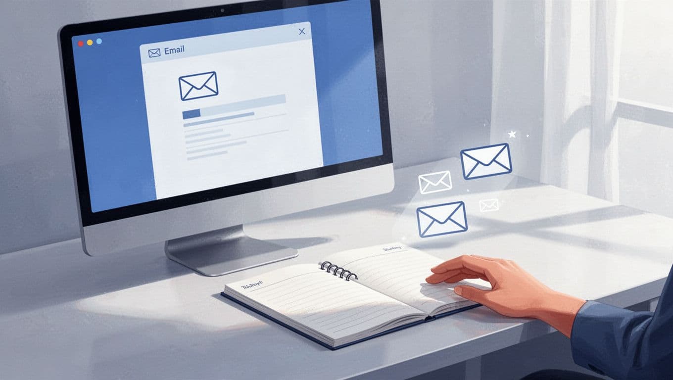 Modern illustration of typical PR email patterns like press@company.com and pr@domain.com shown on a notepad next to a computer screen in a simple desk setup with soft lighting and a resting hand.