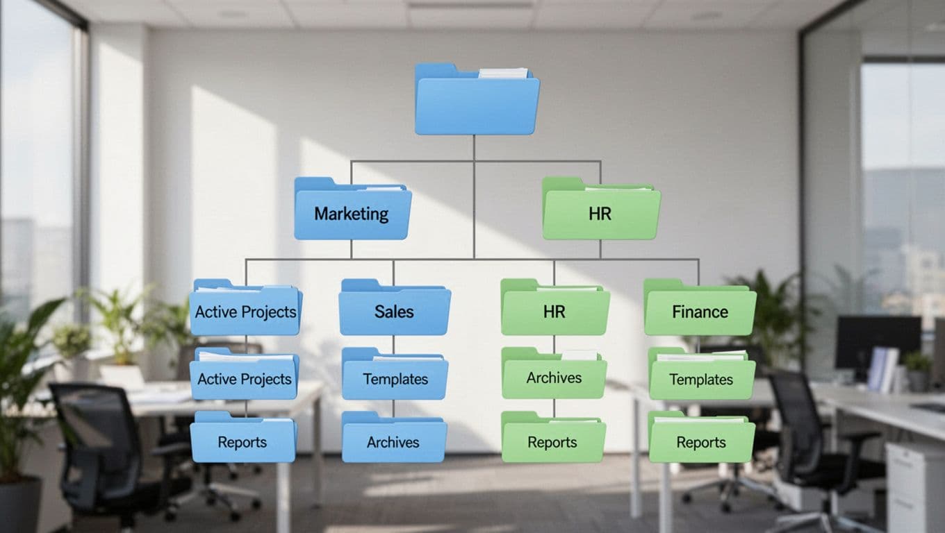 Modern illustration of a clean shared drive folder tree organized by departments like Marketing, Sales, HR, and Finance, featuring subfolders such as Active Projects, Templates, Archives, and Reports using simple blue and green folder icons.