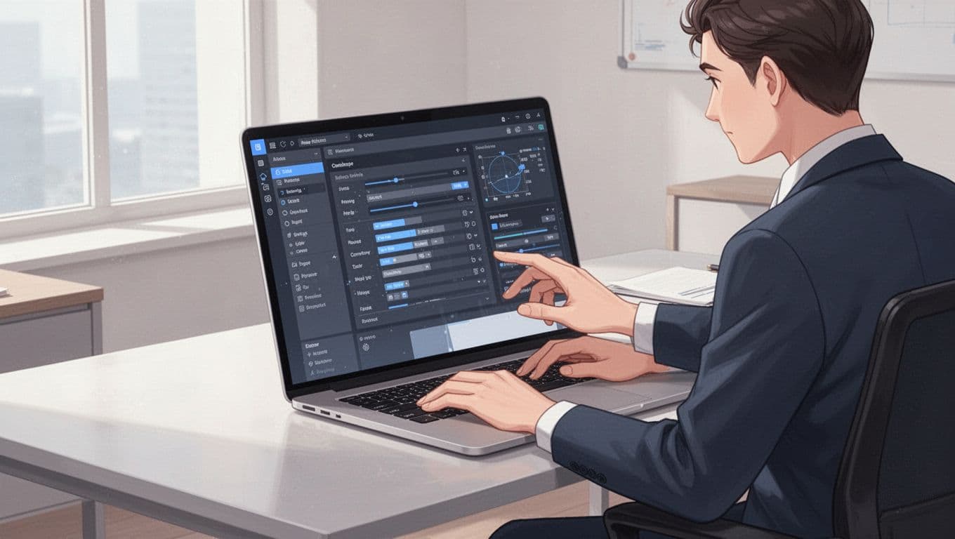 Modern illustration of a person at a desk configuring DNS records on a computer screen for email setup, clean office setting, focused on screen and keyboard with soft natural lighting.