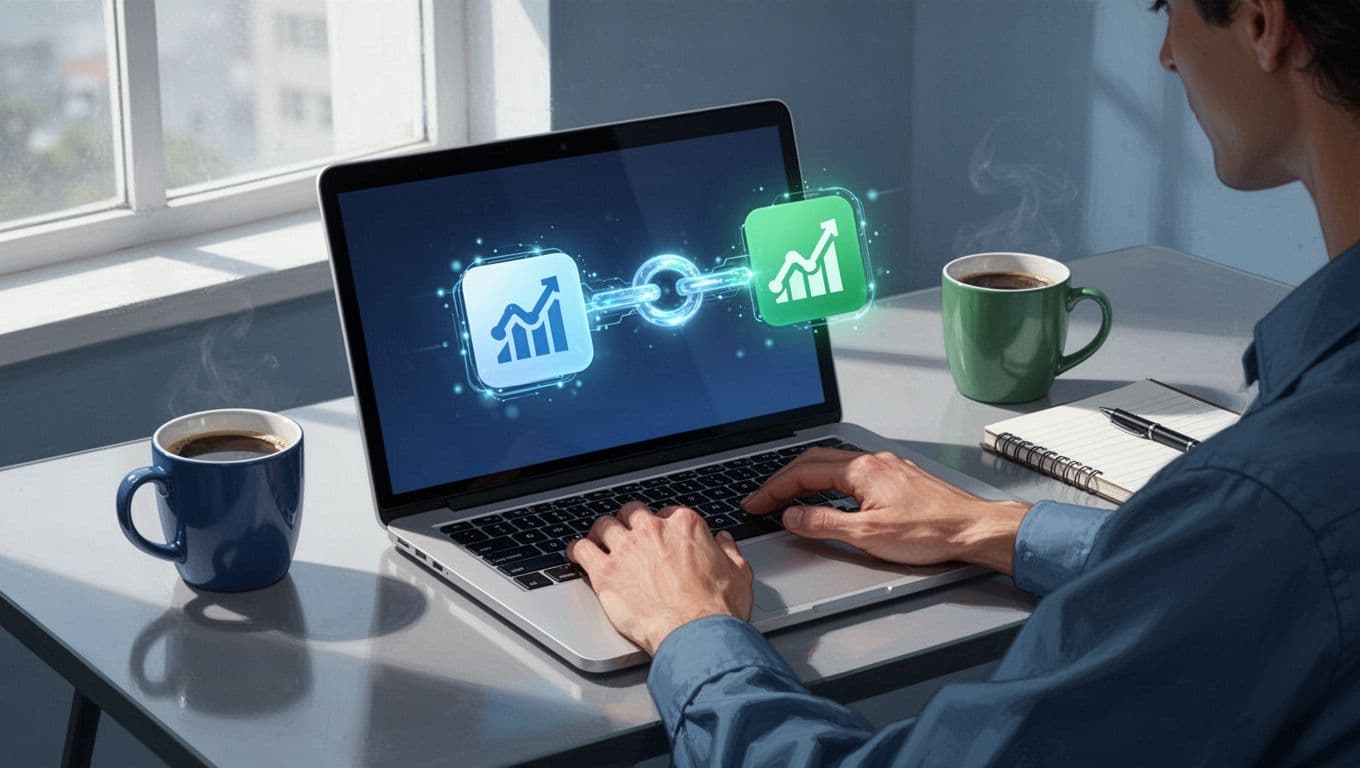 Illustration of a laptop on a modern desk linking Wise and Xero app icons with a digital connection, featuring a coffee mug, notebook, and hands on the keyboard in blue and green tones.