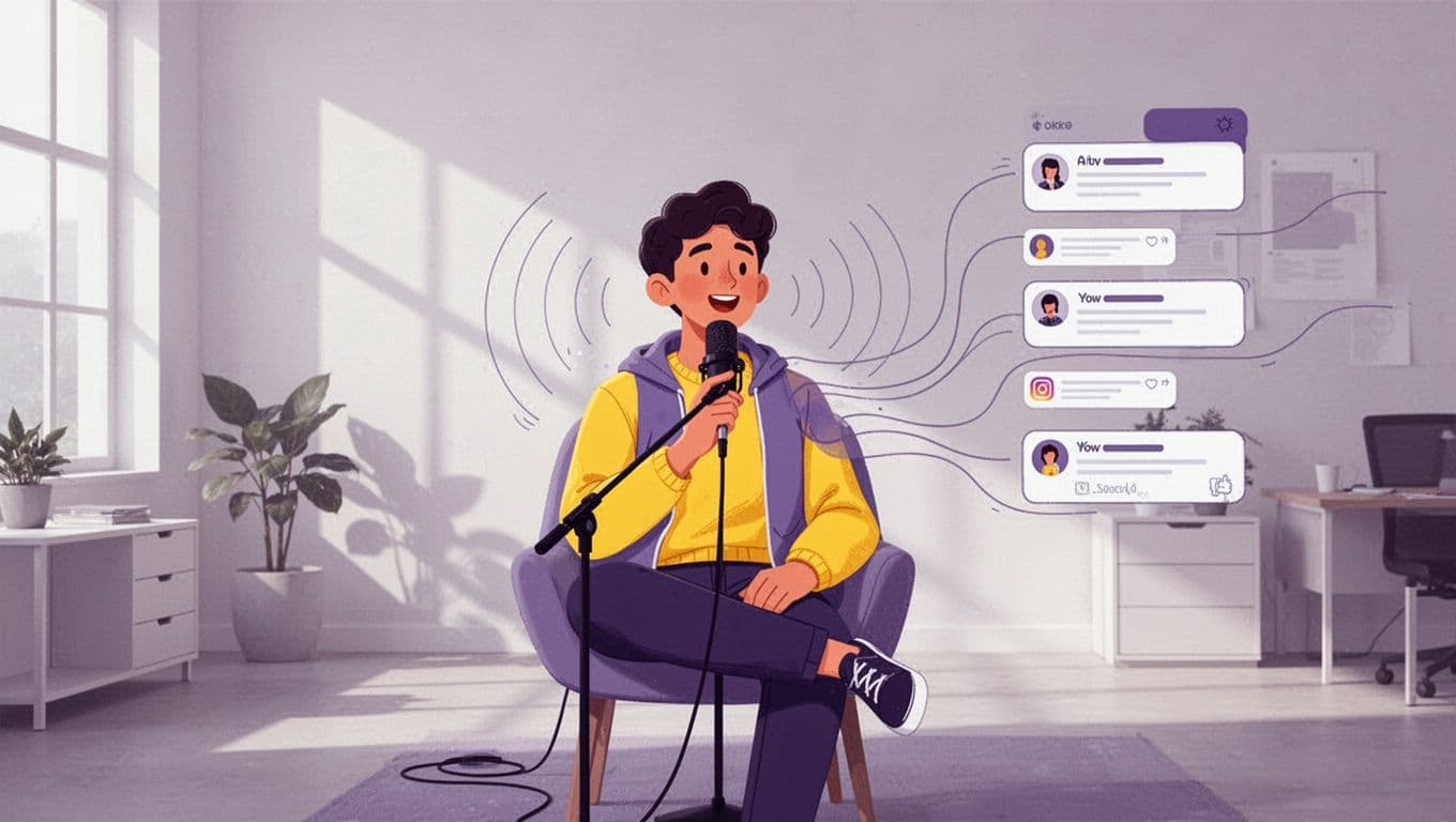 Modern illustration of a person speaking into a microphone, with sound waves transforming into neat, consistent branded Twitter threads in a purple and yellow palette.