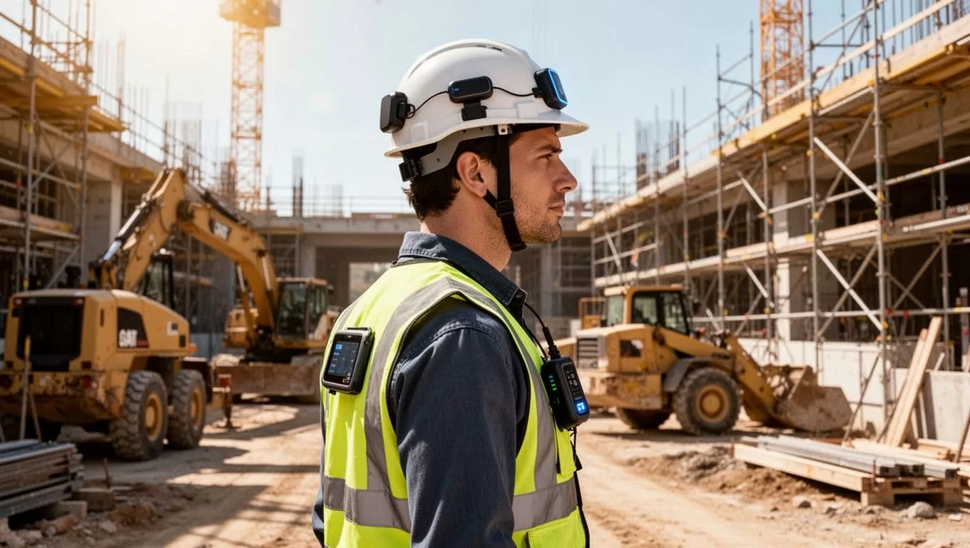 Modern illustration featuring a single construction worker in a connected smart helmet and wearable safety vest on a busy site, side view with strong overhead lighting.