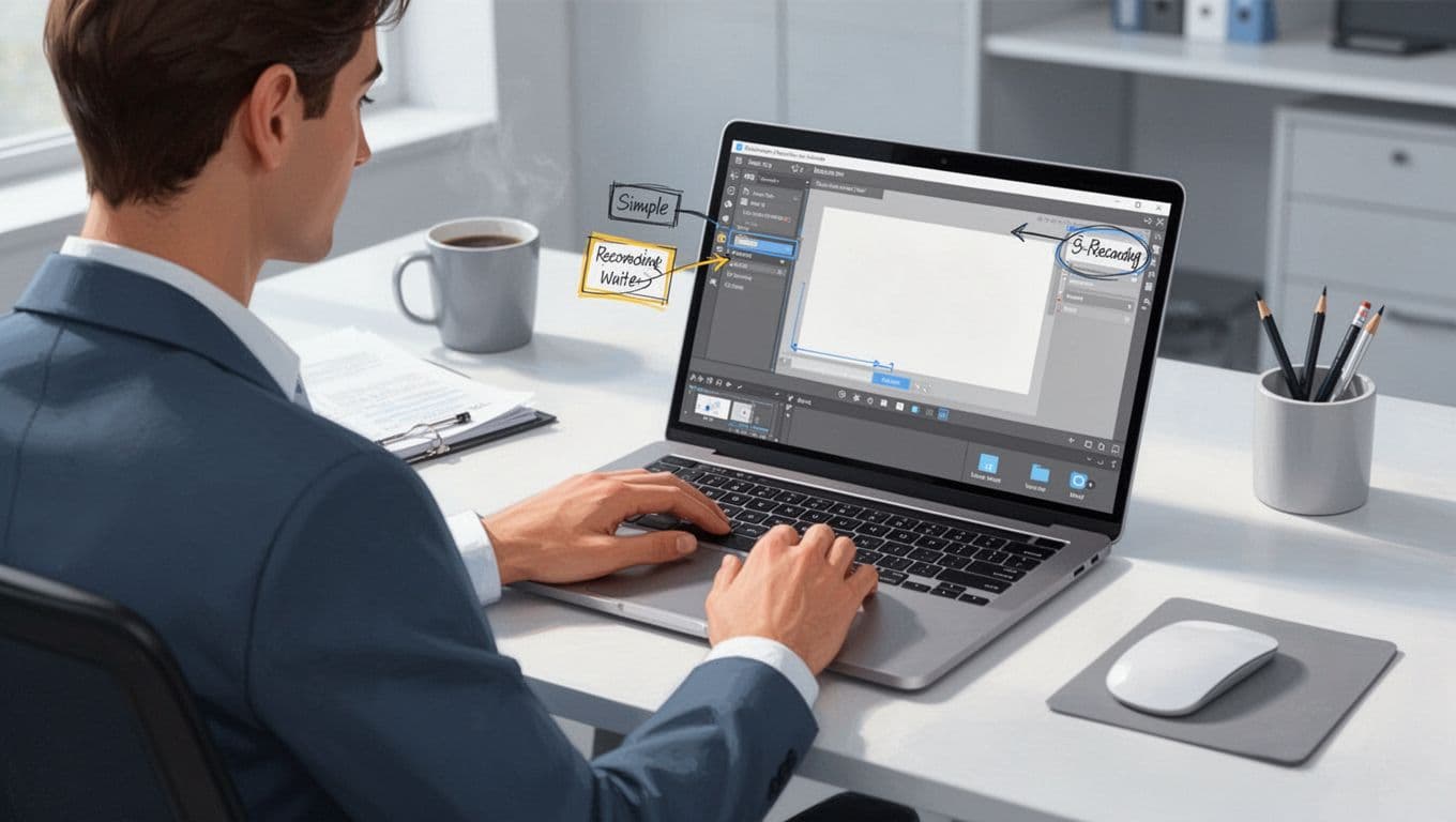 A single consultant in a modern office edits screen recording footage on a laptop, adding simple annotations and highlights in an over-the-shoulder view. Clean desk setup in modern illustration style with soft blues, grays, and whites.