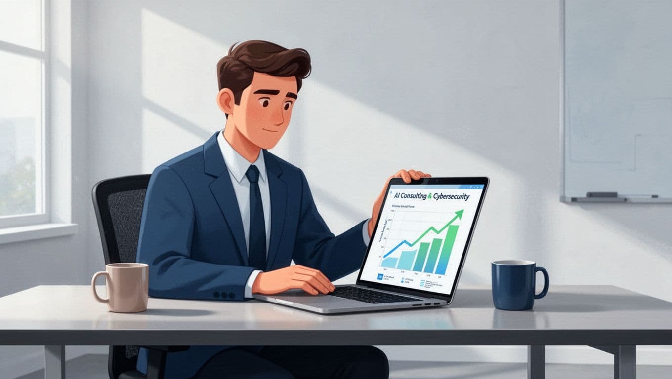 Modern illustration of a consultant at a desk with laptop open to Exploding Topics dashboard showing rising trend graphs for AI consulting and cybersecurity services, in a clean office setting with coffee mug and focused expression.