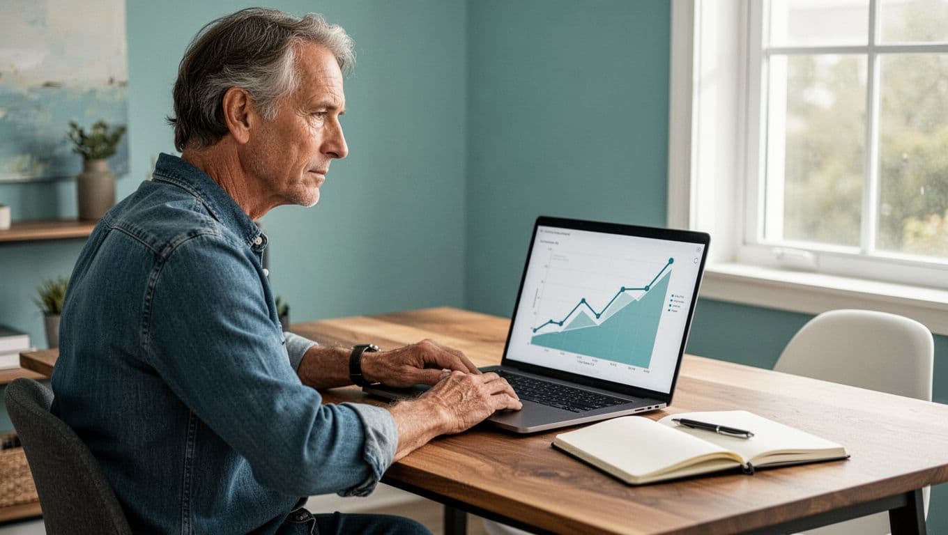 Modern illustration of a solo middle-aged consultant at a wooden desk in a bright home office, intently viewing the Exploding Topics dashboard with rising trend charts on an open laptop, notebook and pen nearby, natural side lighting.