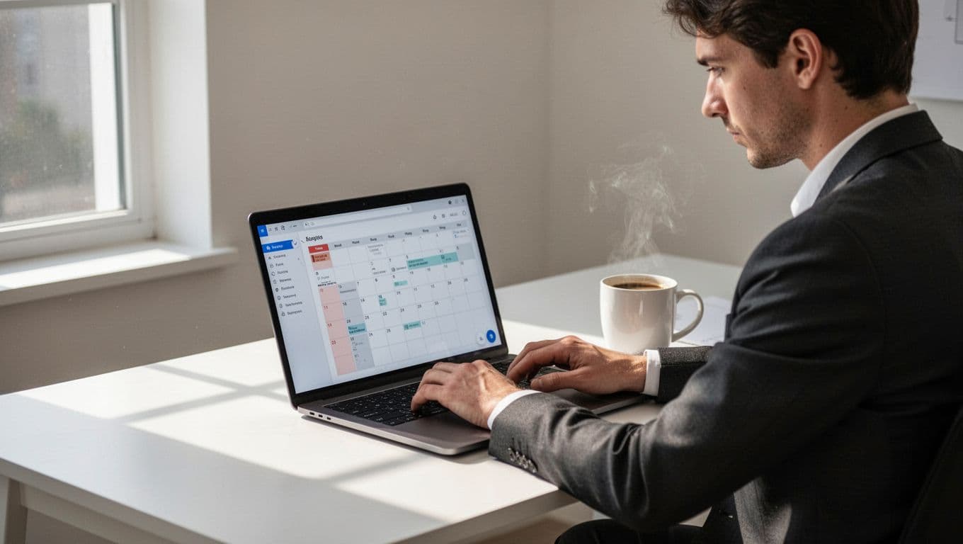 Modern illustration of a consultant at a clean desk with laptop open to a scheduling calendar interface, coffee mug nearby, soft natural window light, simple background.