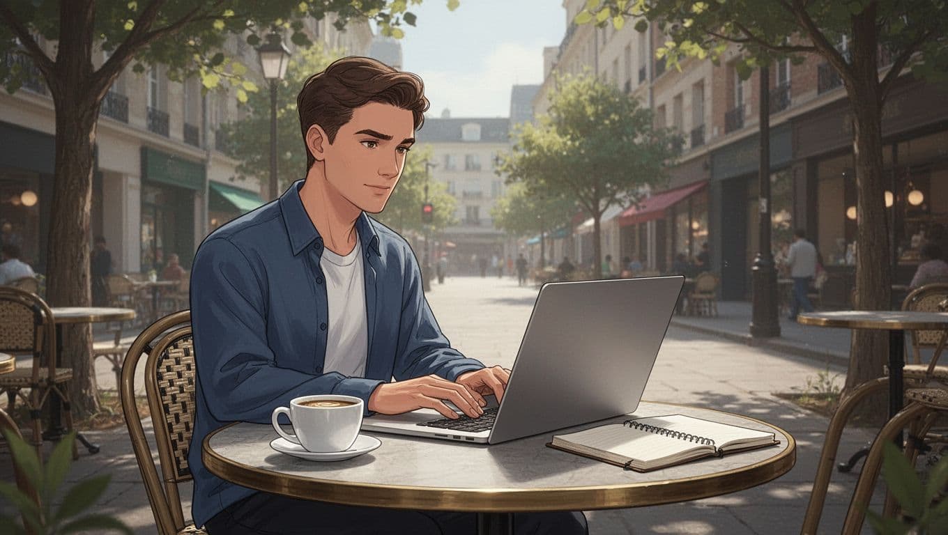 Modern illustration of a consultant at a cafe table working on a laptop with CRM contact list open, coffee cup and notebook beside in a relaxed outdoor urban setting with soft daylight.