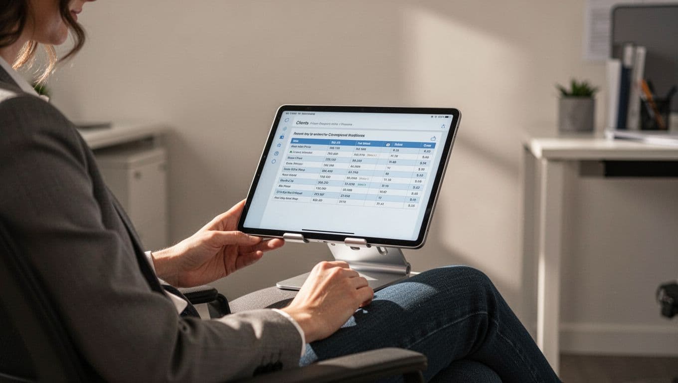 Modern illustration of a consultant reviewing client data from an intake form integrated into a CRM dashboard on a tablet, featuring clean shapes, neutral background, and a relaxed single-person pose.