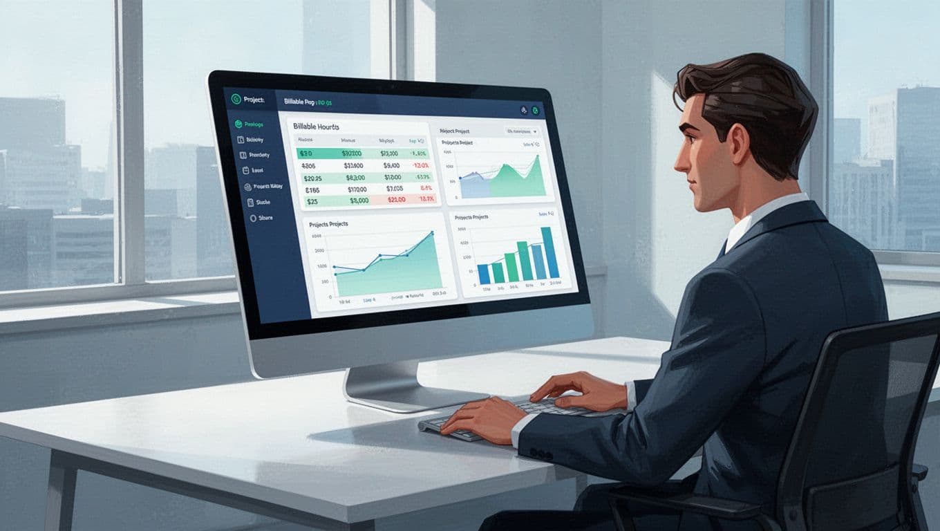 Modern illustration in clean shapes with blue and green colors showing a consultant viewing a Toggl Track report dashboard on a computer screen, displaying client billable hours and projects chart in an office setting with natural light.