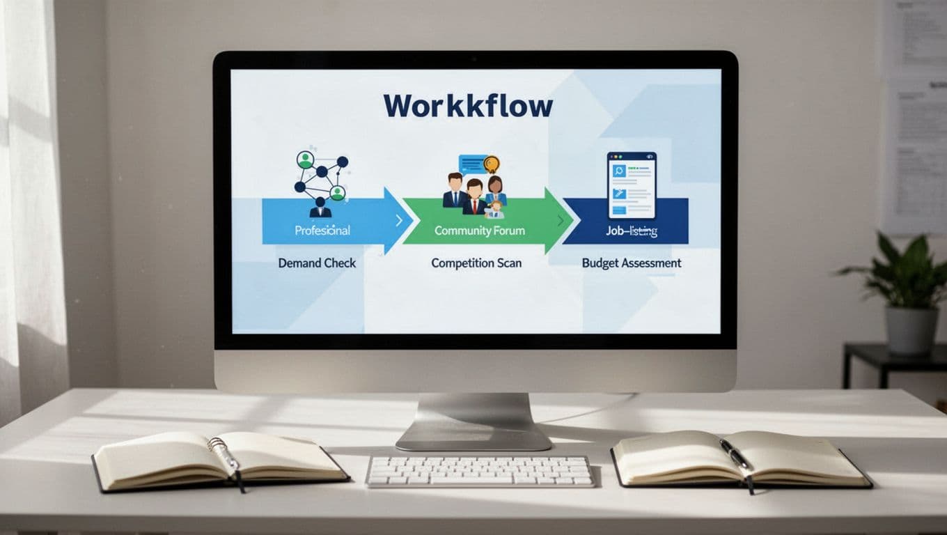 Modern illustration of a flowchart on a screen depicting the validation process for consulting niches, including steps like demand check, competition scan, and budget assessment, with icons for LinkedIn, Reddit, and job boards, in a clean digital style with desk setup.