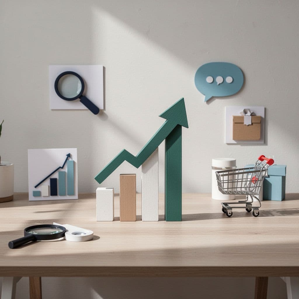 Modern minimalist illustration of diverse validation icons including search graphs, social media bubbles, shopping carts, and product icons surrounding a central rising trend arrow on a clean desk background with soft lighting.