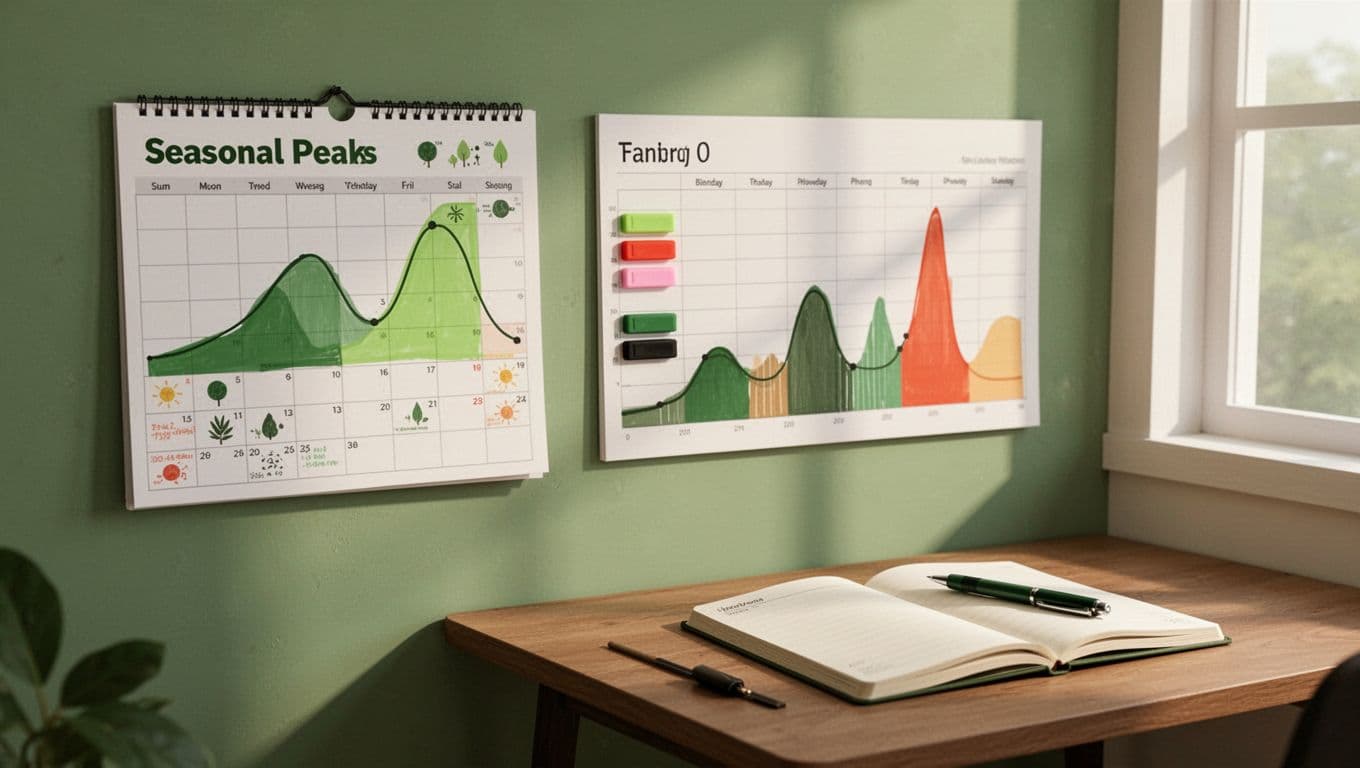 Modern illustration in greens and earth tones showing a wall calendar marked with seasonal peaks, a nearby content planning board with demand spike notes, and a desk with notepad and pen, focusing on retail holiday surges and summer travel prep.
